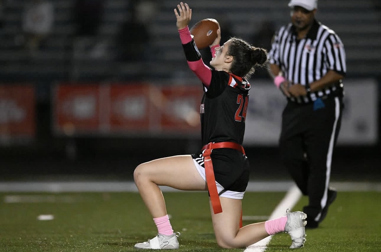 Nalei Ka'apana-Suzui competing for Hilo High School in Big Island Interscholastic Federation girls flag football